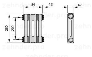 Схема (чертеж) Радиатор Zehnder Charleston 2026/4 №1270 Белый глянцевый RAL 9016